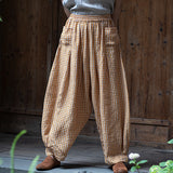 Linen single-layer yarn-dyed plaid bloomer cheongsam pants